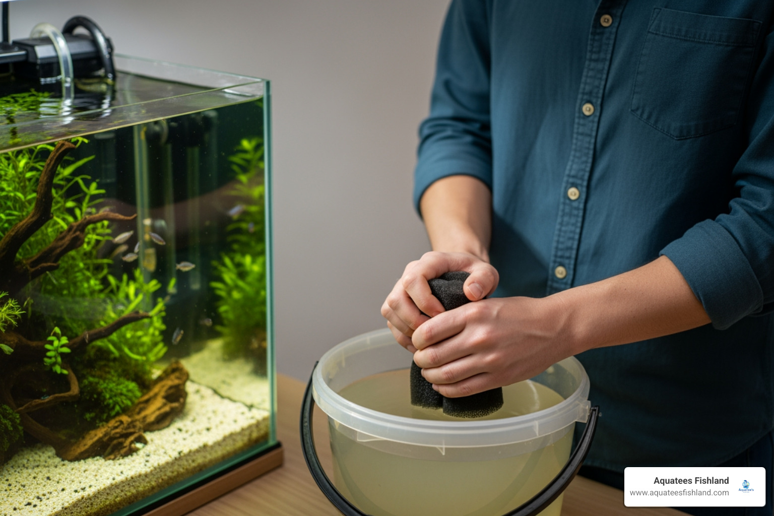 A hobbyist gently squeezing a filter sponge in a bucket containing old aquarium water