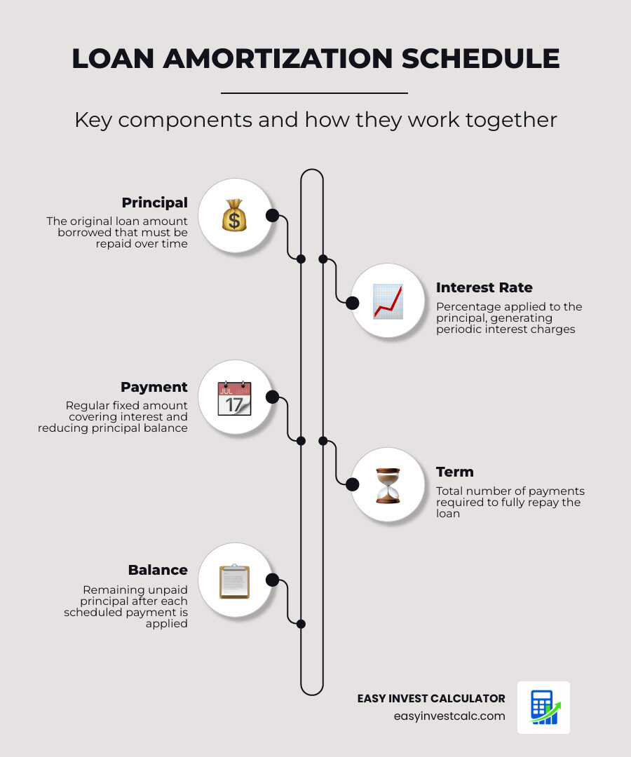 Key components of a loan amortization schedule: principal, interest, payment, term, and balance infographic