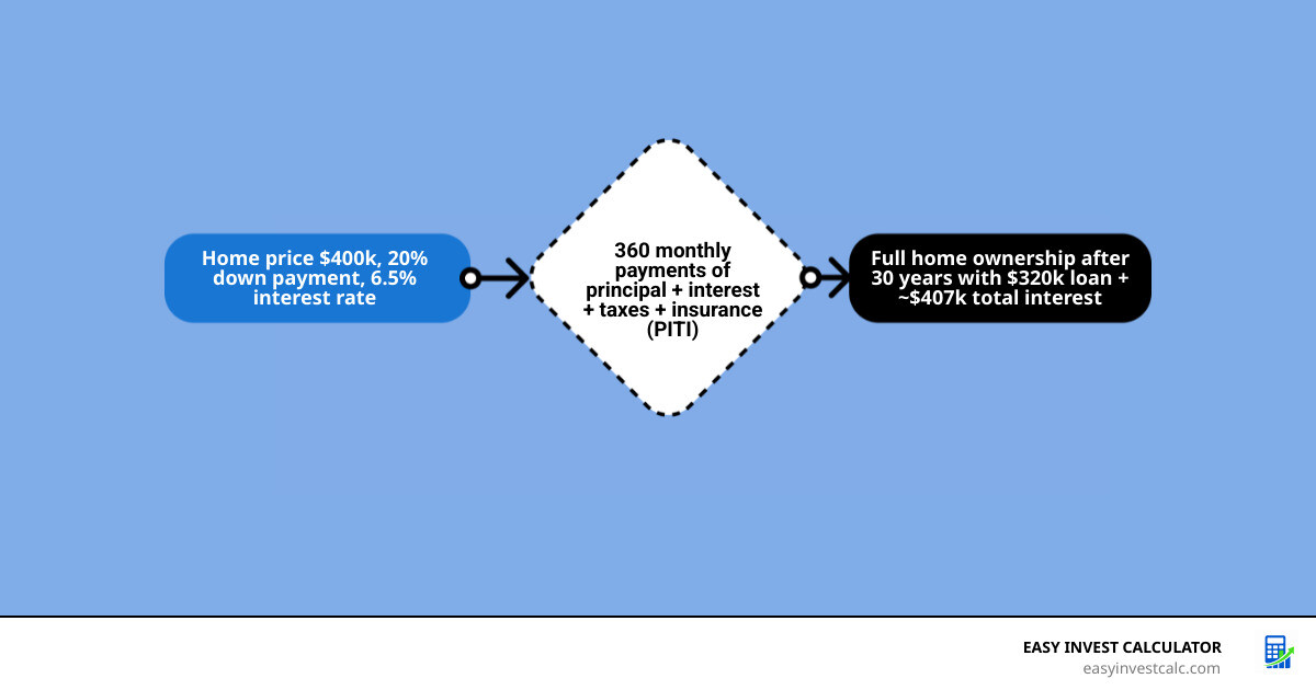 Lifecycle of a 30-year mortgage loan from origination to payoff with payment breakdown infographic