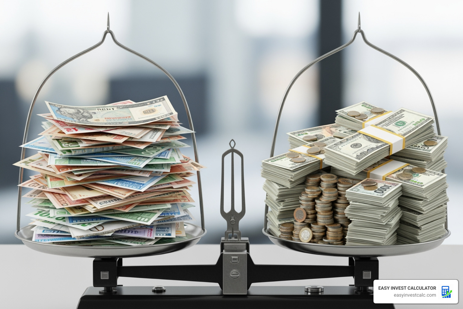 a scale balancing a heavy monthly payment on one side and a large pile of interest savings on the other