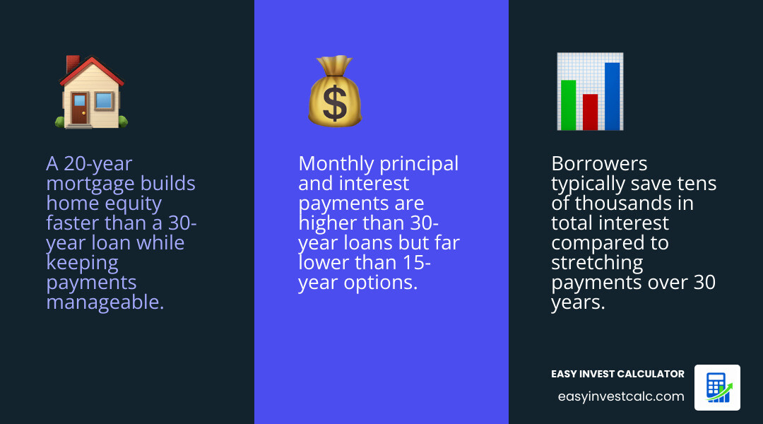 Infographic showing components of a 20-year fixed-rate mortgage: loan amount, interest rate, monthly P&I, PMI, taxes