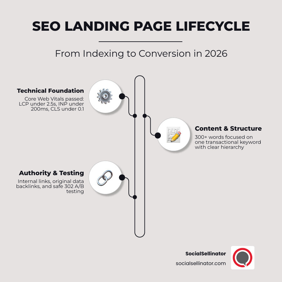 SEO landing page lifecycle infographic from indexing to conversion showing key ranking and optimization signals infographic