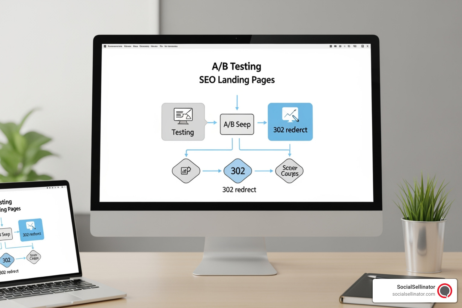 A/B testing workflow diagram for SEO landing pages using 302 redirects