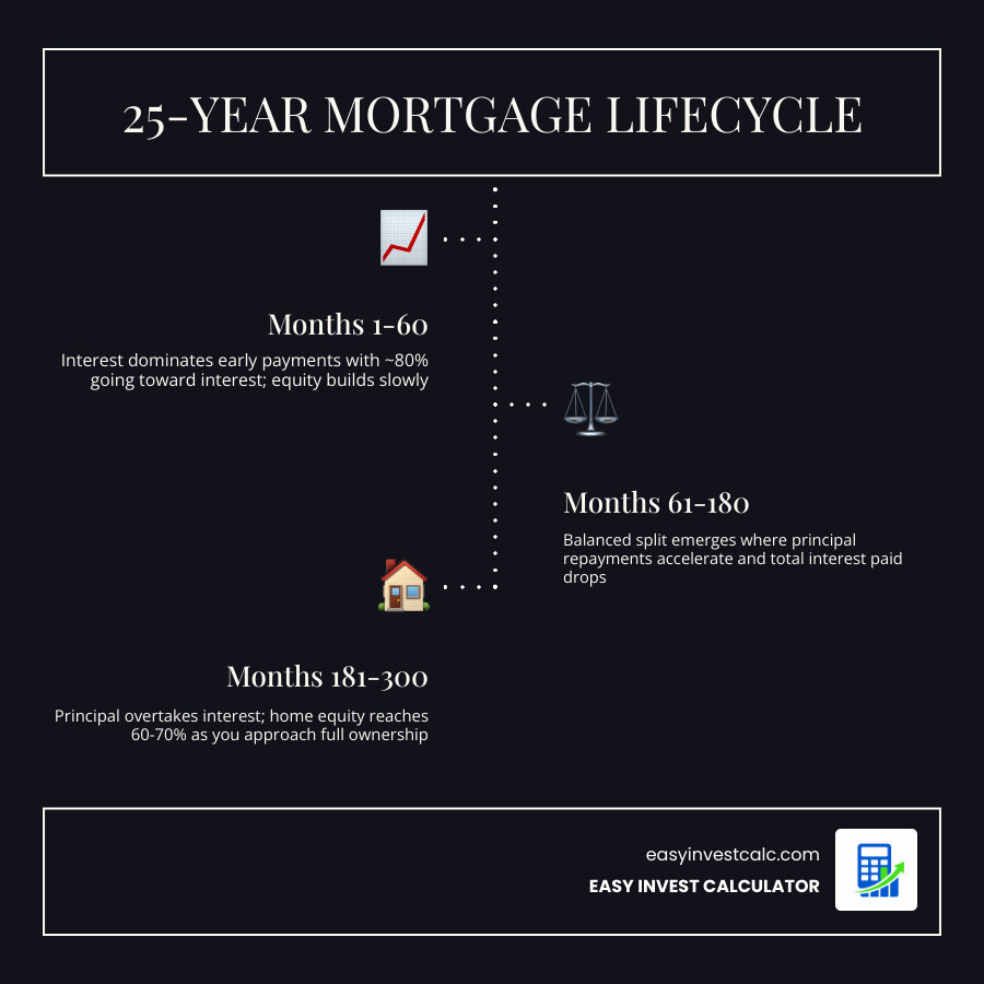 25-year mortgage lifecycle infographic showing payments, interest, and equity over 300 months infographic