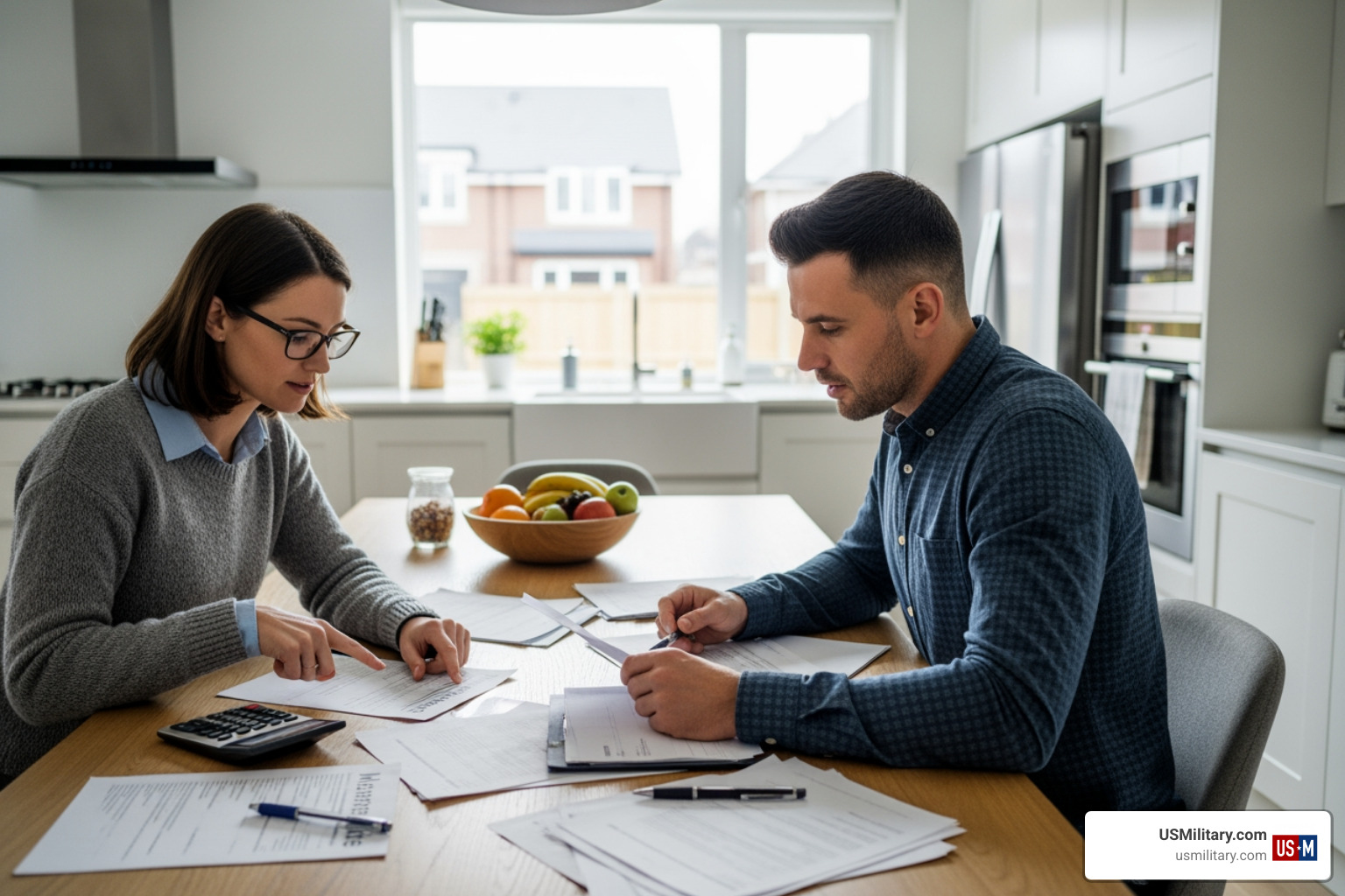 Civilian couple reviewing mortgage documents for a VA loan assumption