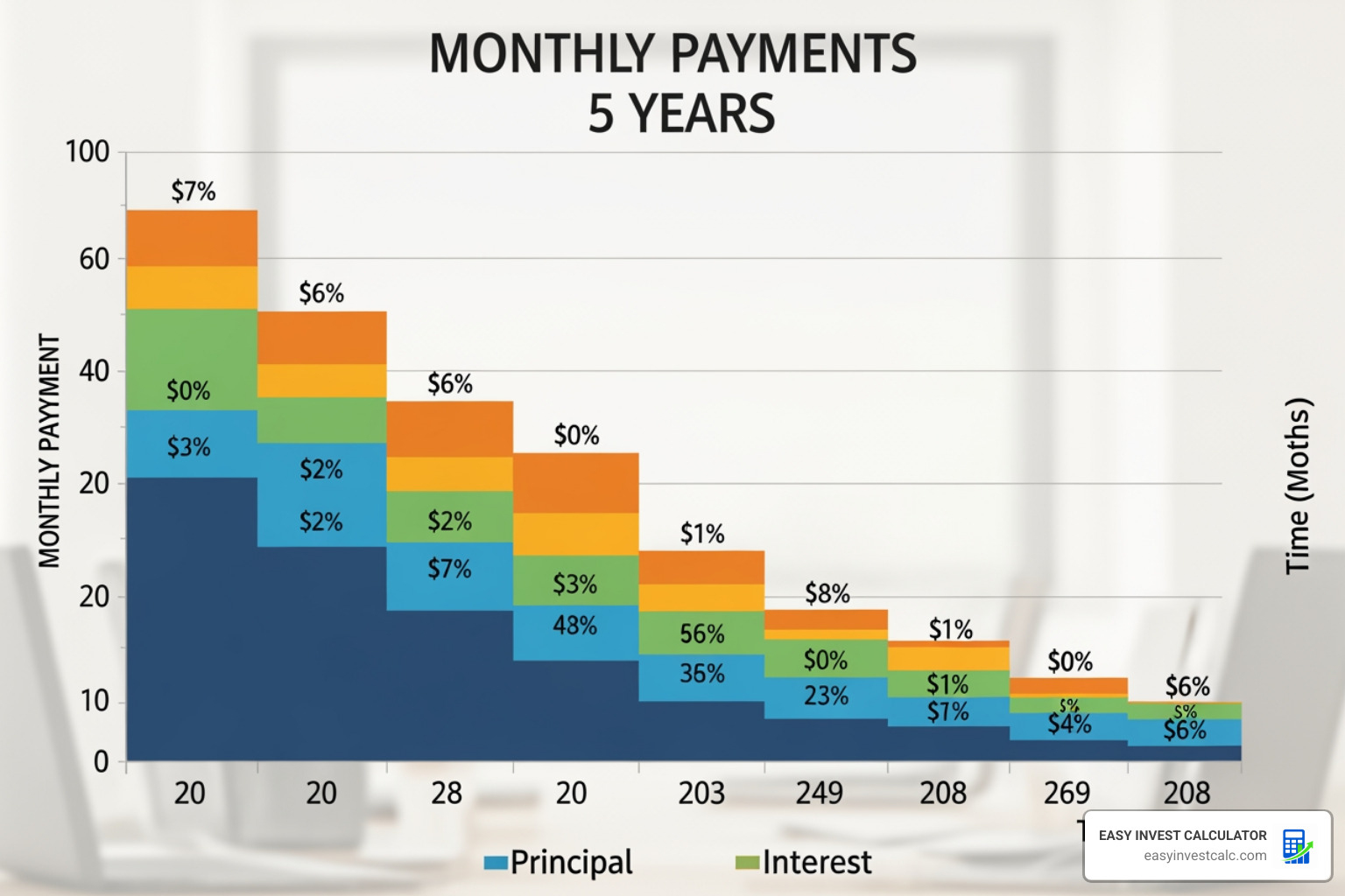 Chart showing how monthly payments are split between principal and interest over time