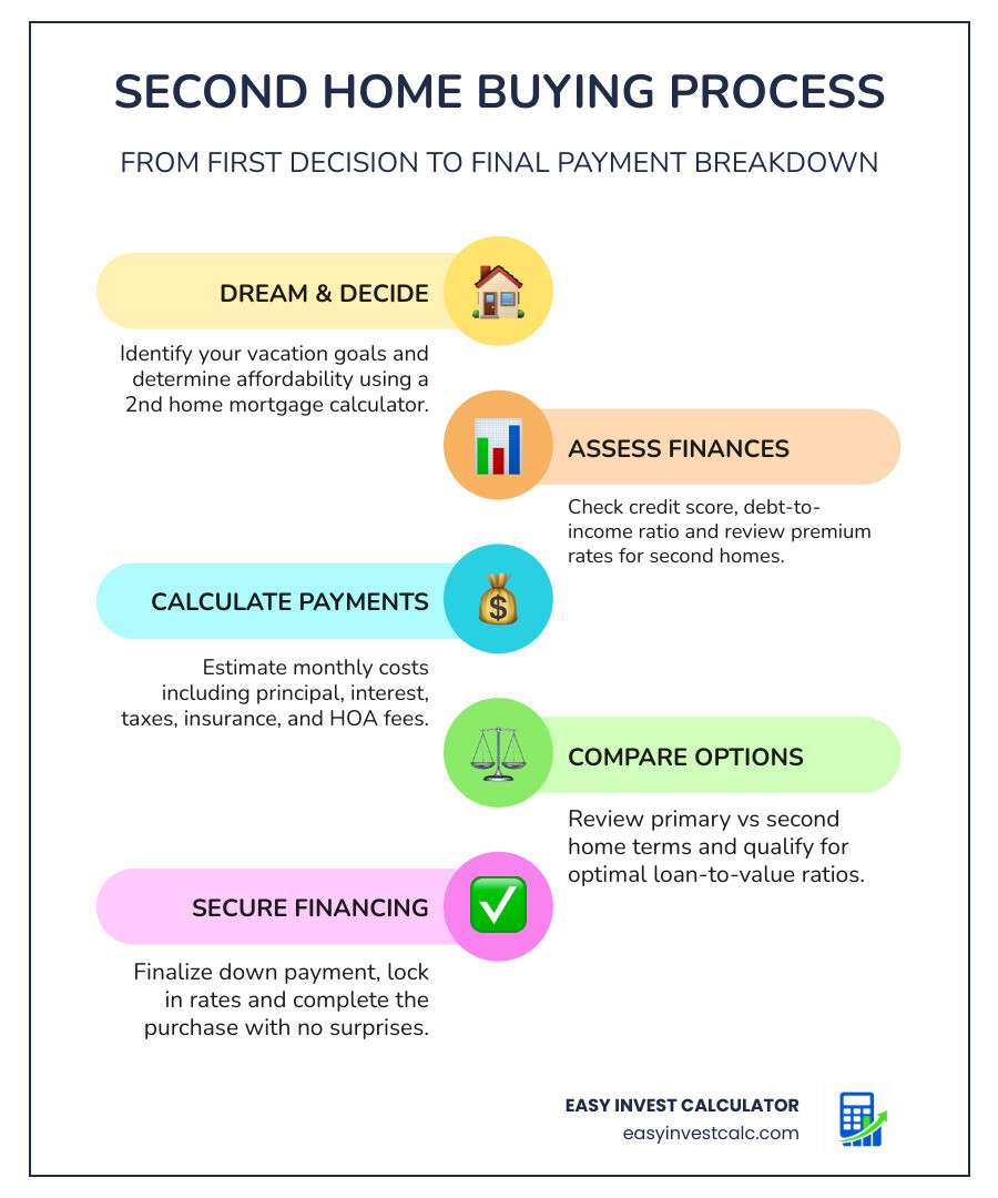 Infographic showing the second home buying process from calculator inputs to monthly payment breakdown infographic