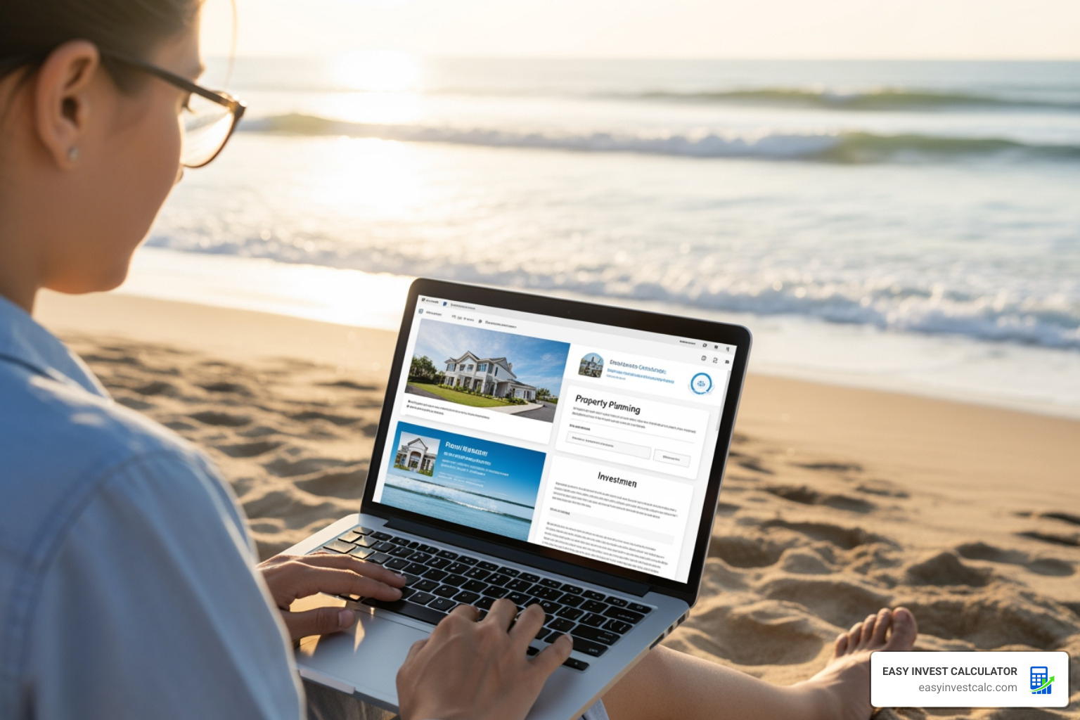 Person using a laptop on a beach while planning a property purchase
