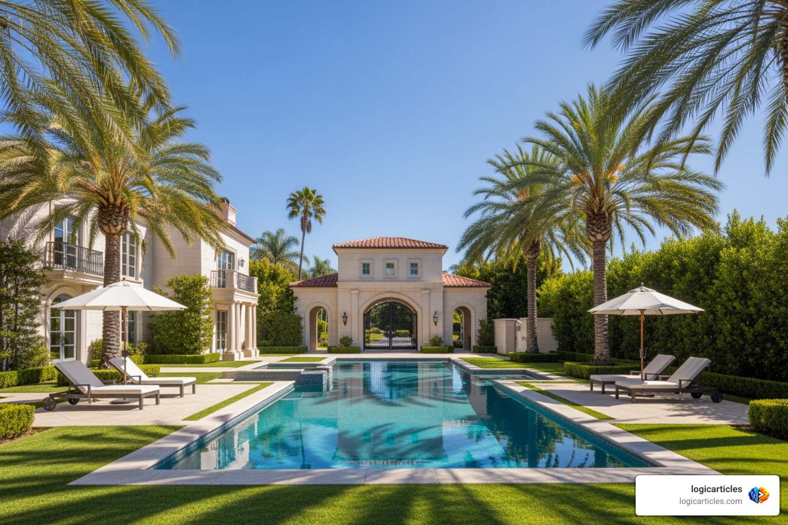 Luxury Beverly Hills estate with a large pool and gated entrance
