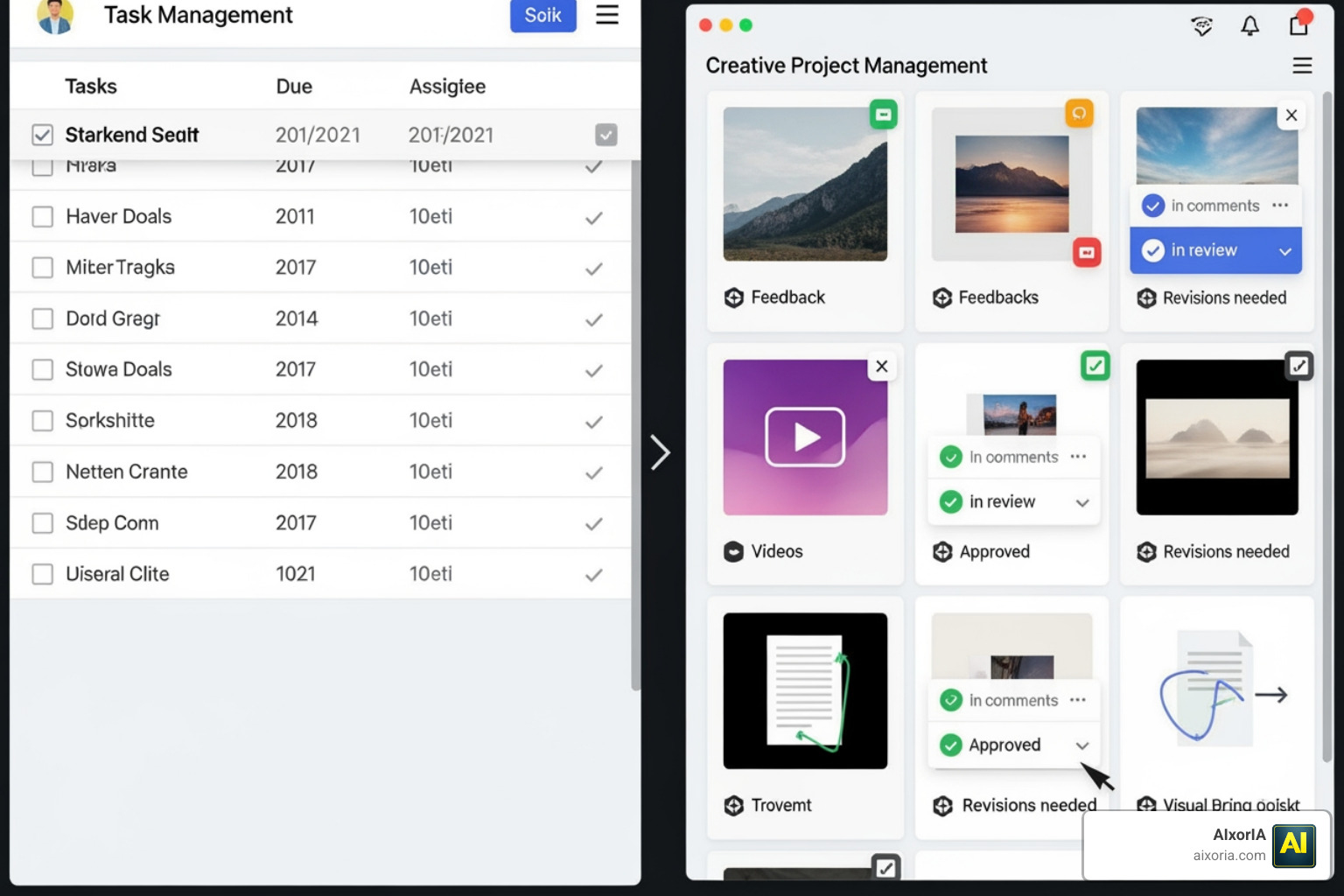 Comparison of traditional vs creative task views showing asset thumbnails and feedback loops