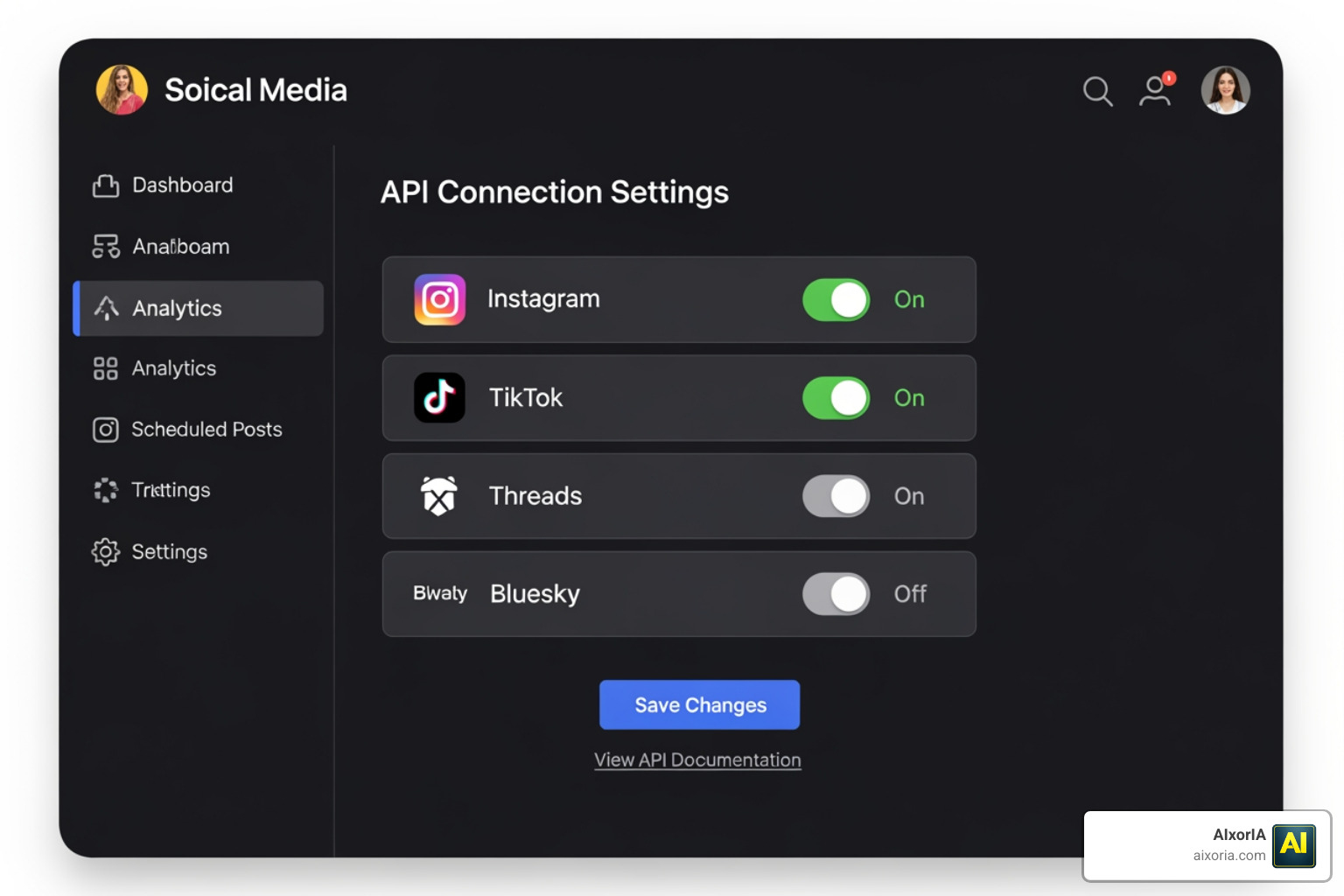 API connection settings showing various social platform toggles