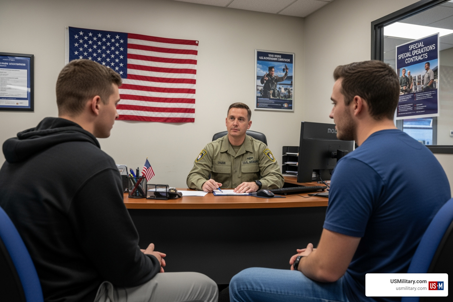 Candidates at a military recruitment office discussing special operations contracts Candidates at a military recruitment office discussing special operations contracts