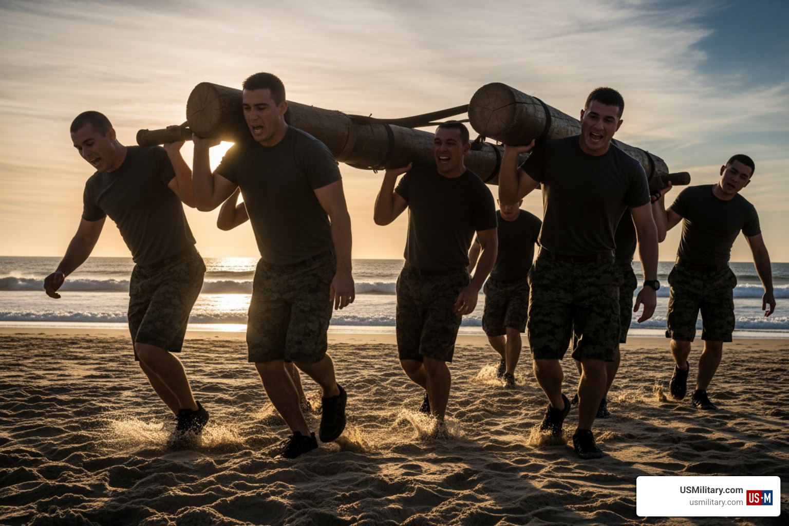 BUD/S candidates carrying a heavy log during physical training BUD/S candidates carrying a heavy log during physical training
