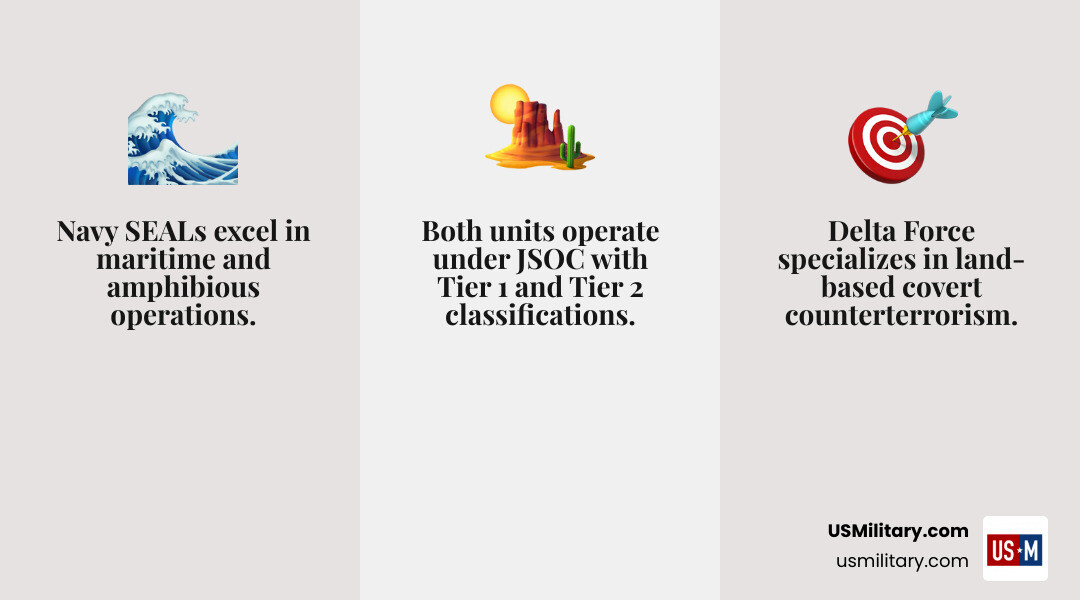 Side-by-side infographic comparing Navy SEALs and Delta Force key facts, tiers, missions, and training infographic Side-by-side infographic comparing Navy SEALs and Delta Force key facts, tiers, missions, and training infographic