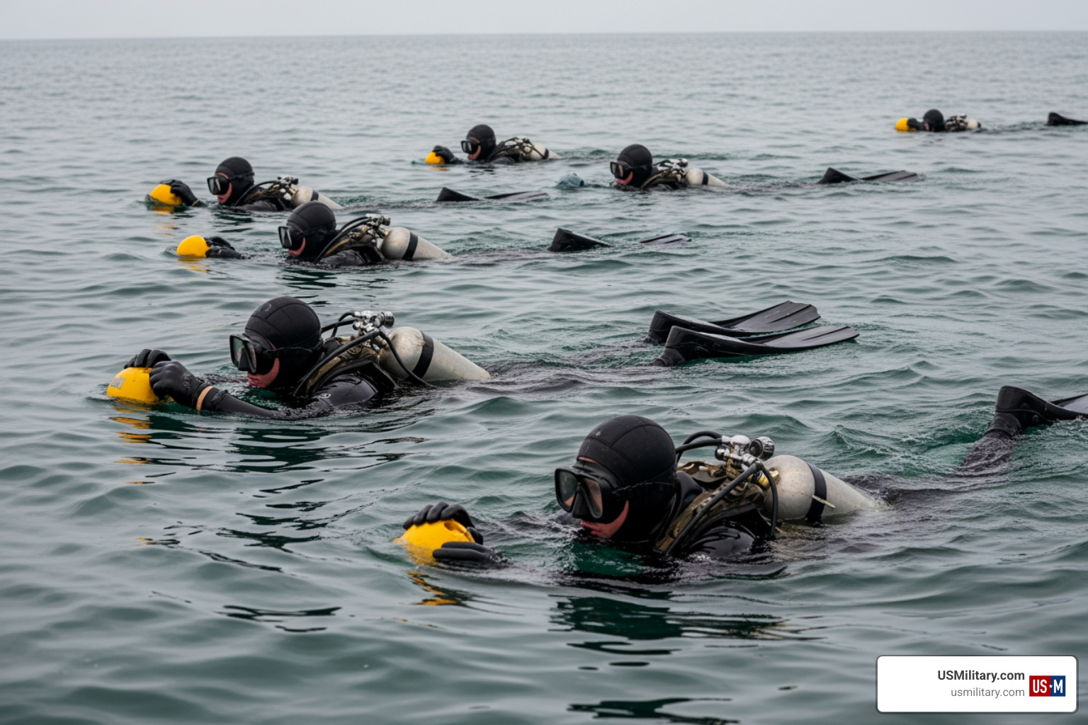 historical US Navy Frogmen training in the water during the WWII era historical US Navy Frogmen training in the water during the WWII era