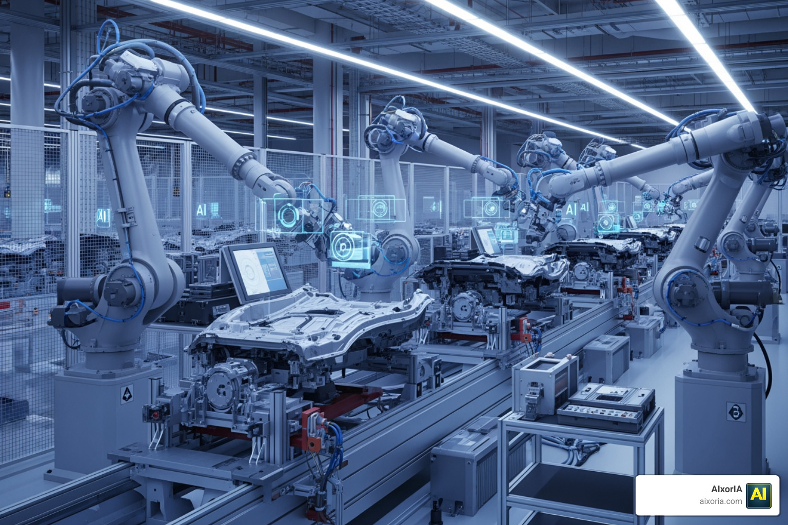 Automated manufacturing line with robotic arms and AI sensors