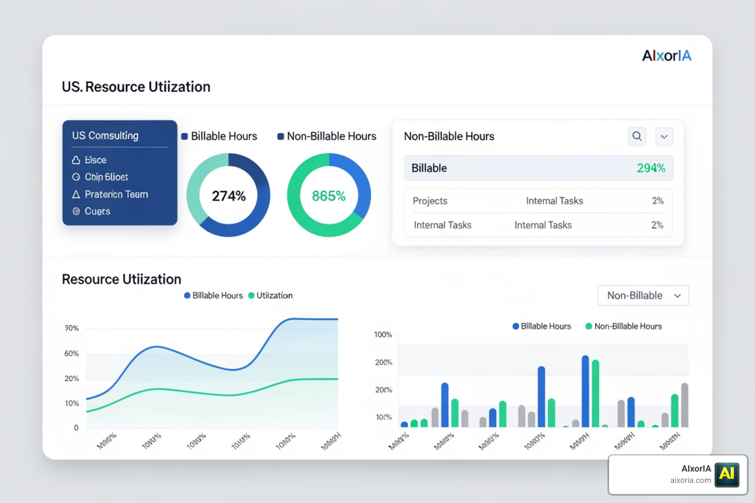 Real-time resource utilization dashboard showing billable vs. non-billable hours Real-time resource utilization dashboard showing billable vs. non-billable hours