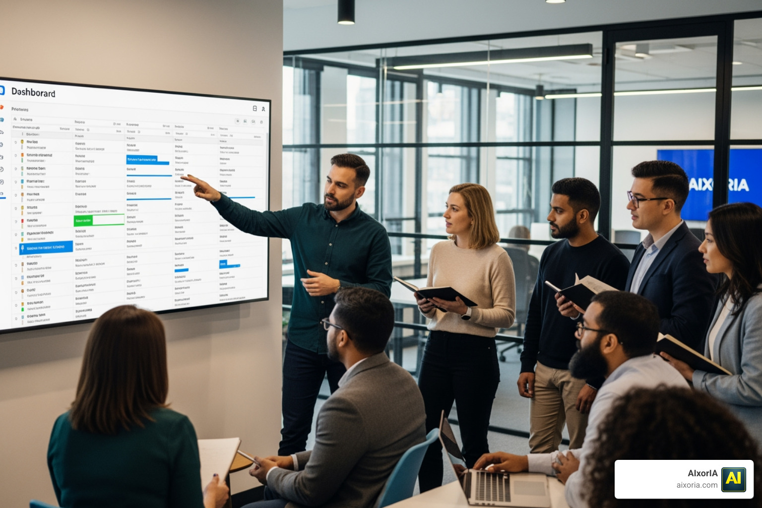 A software consulting team conducting a sprint review using a shared project dashboard A software consulting team conducting a sprint review using a shared project dashboard