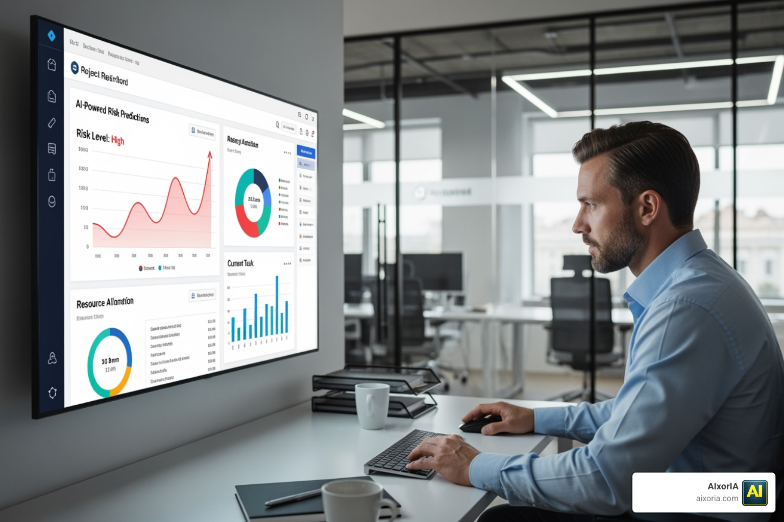 project manager analyzing a real-time dashboard with AI-powered risk predictions and resource charts