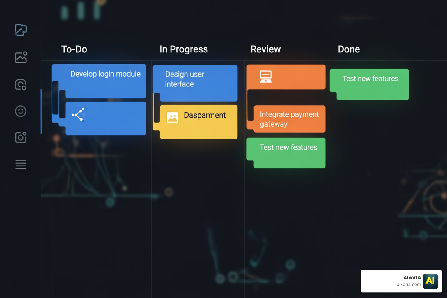 visual Kanban board with color-coded tasks showing progress from To-Do to Done