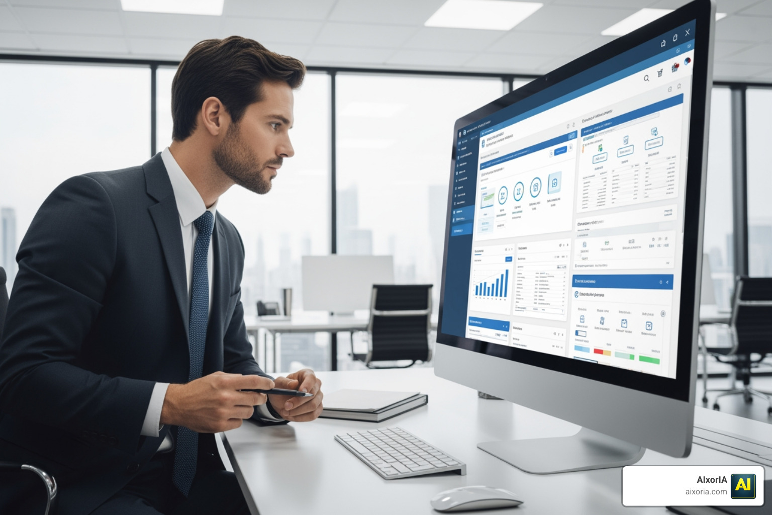Manager evaluating different project management software options on a screen