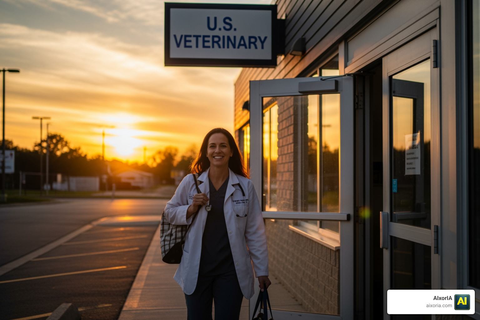A veterinarian leaving the clinic on time while the sun is still out
