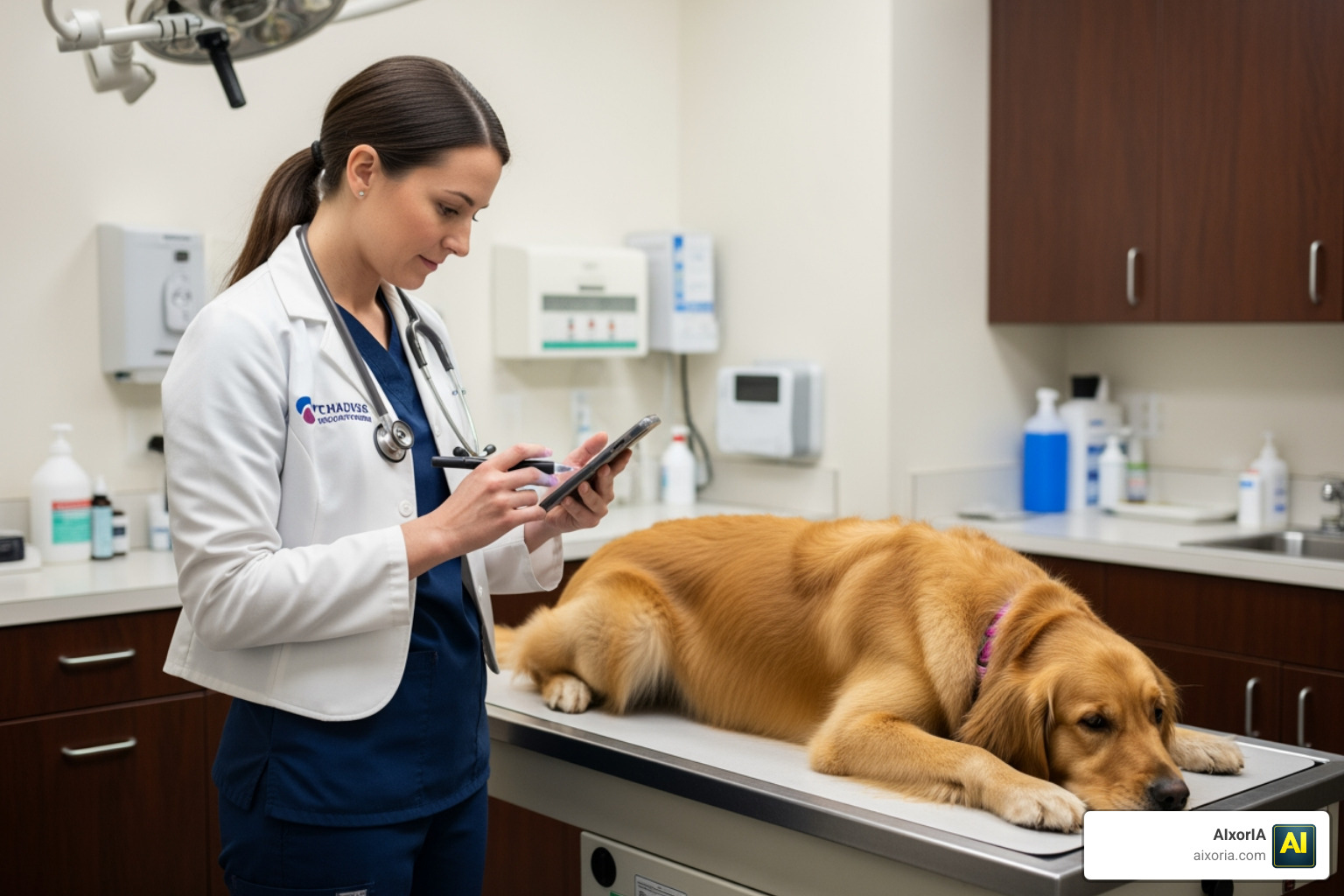 Veterinarian using a mobile device to dictate clinical notes during an exam