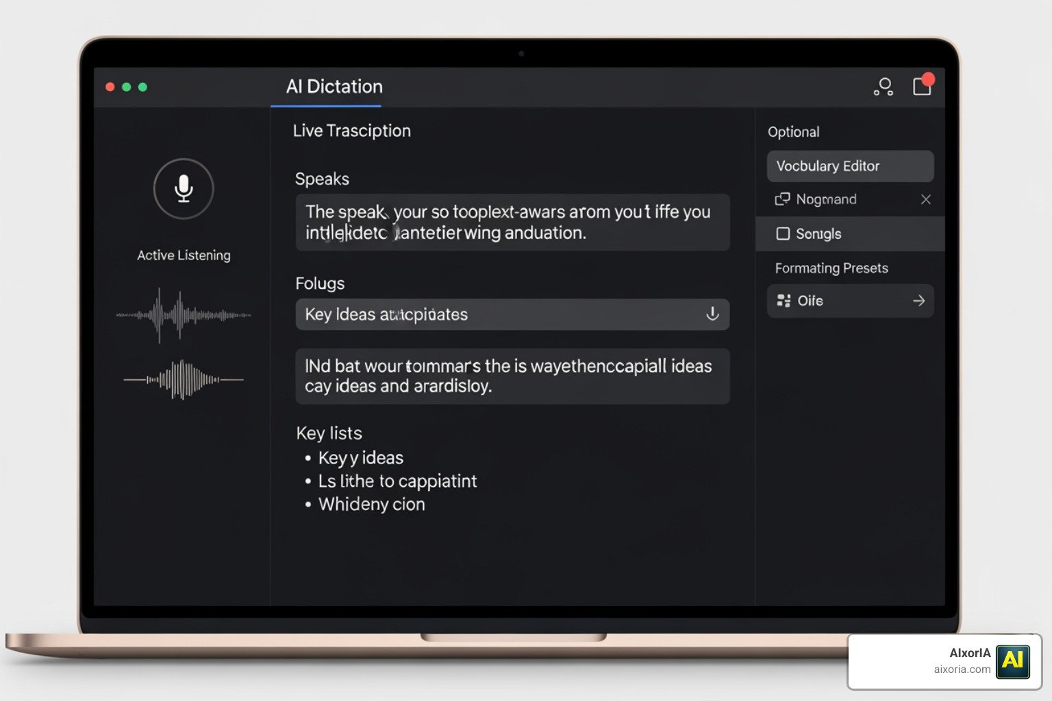 AI interface showing real-time transcription with context-aware formatting