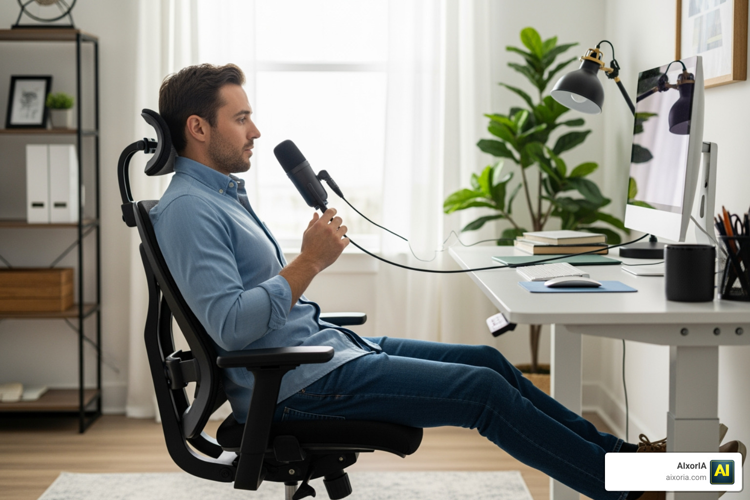 ergonomic workspace with a professional using a high-quality microphone ergonomic workspace with a professional using a high-quality microphone
