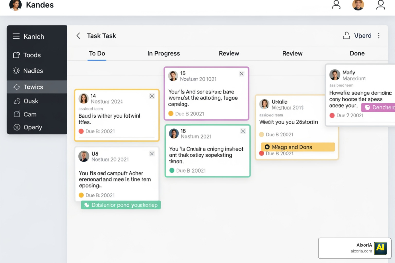 Modern Kanban board interface showing task cards in different columns Modern Kanban board interface showing task cards in different columns