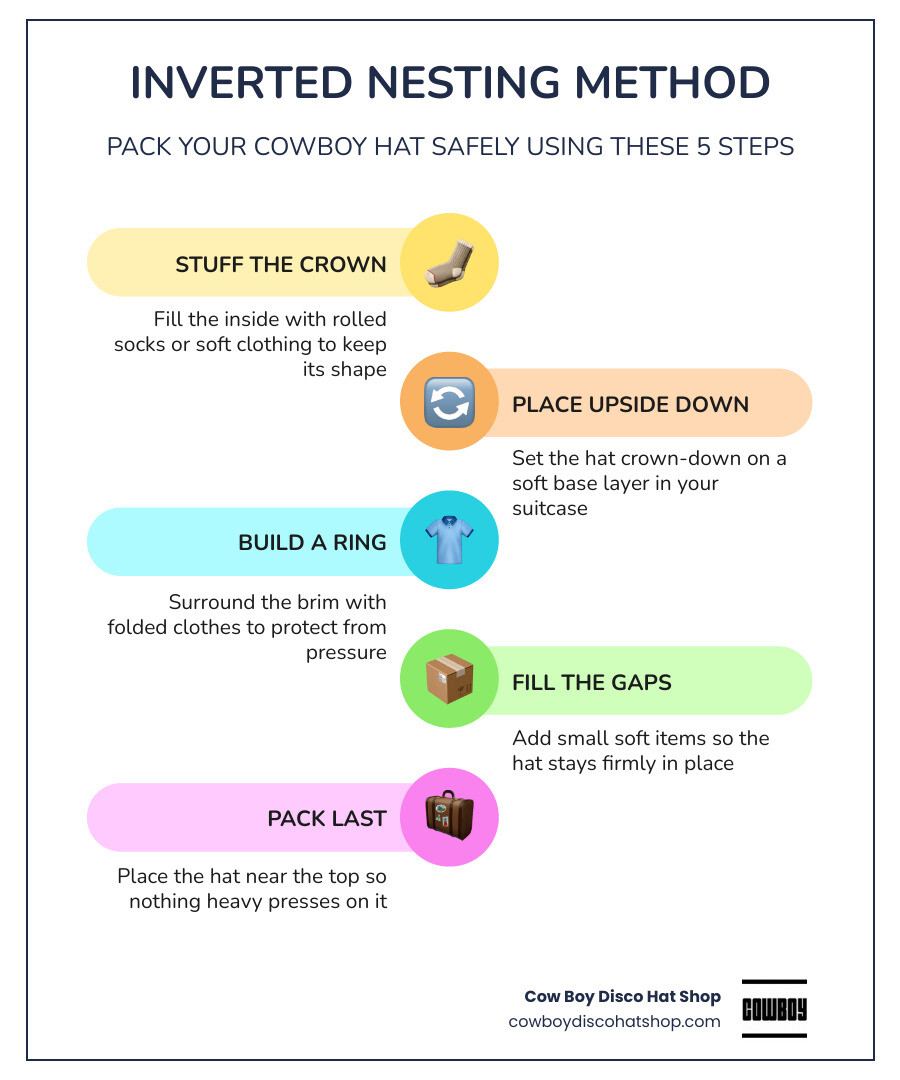 Infographic showing the Inverted Nesting method for packing a cowboy hat in a suitcase step by step infographic