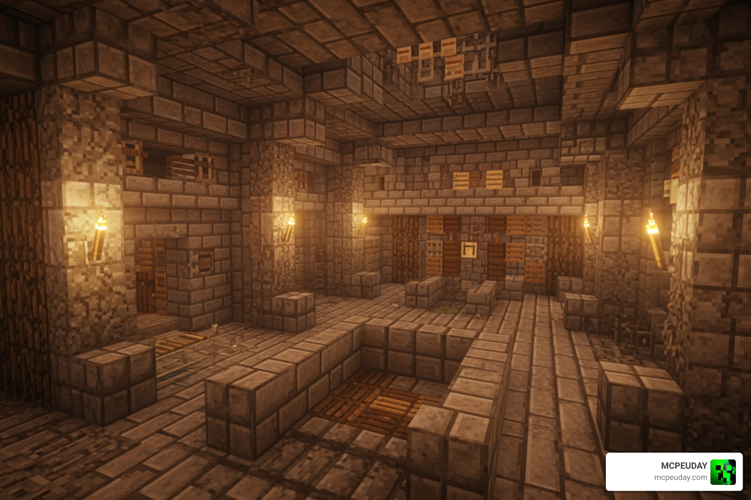 secure stone minecraft base with interior lighting and closed rooms