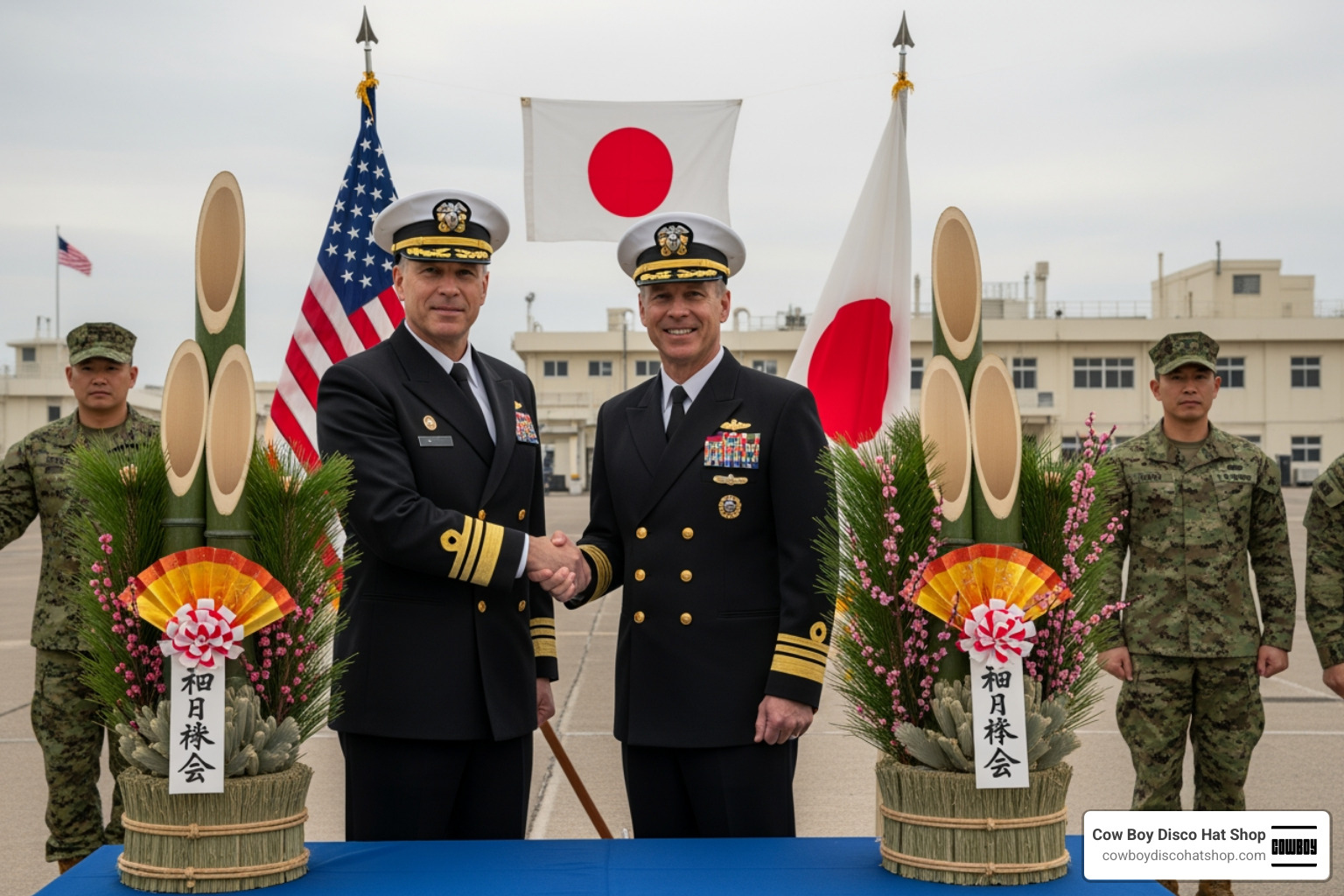 U.S. and Japanese naval leaders posing with traditional Kadomatsu ornaments during a joint ceremony