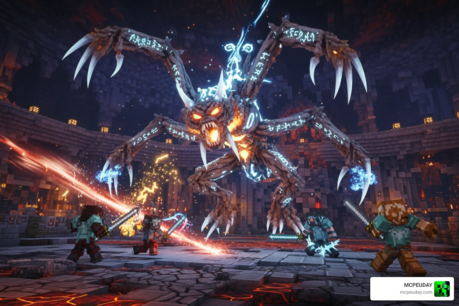 A massive custom boss encounter in DawnCraft featuring unique animations