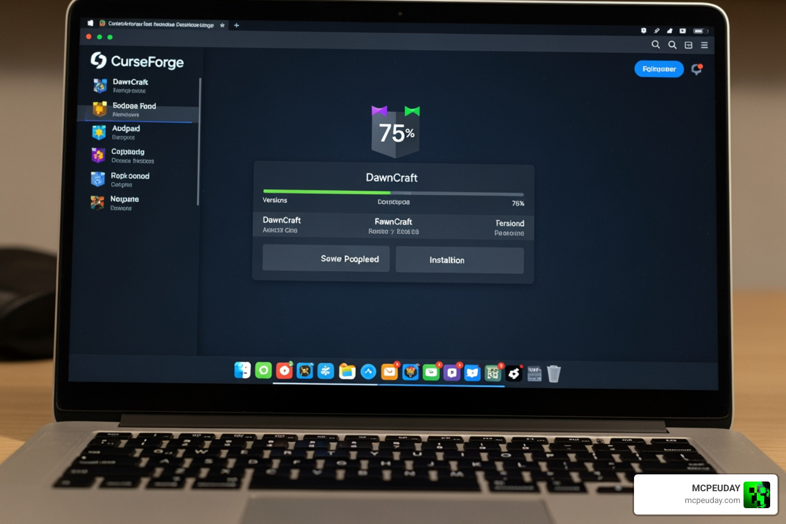 The CurseForge installation interface showing the DawnCraft download progress