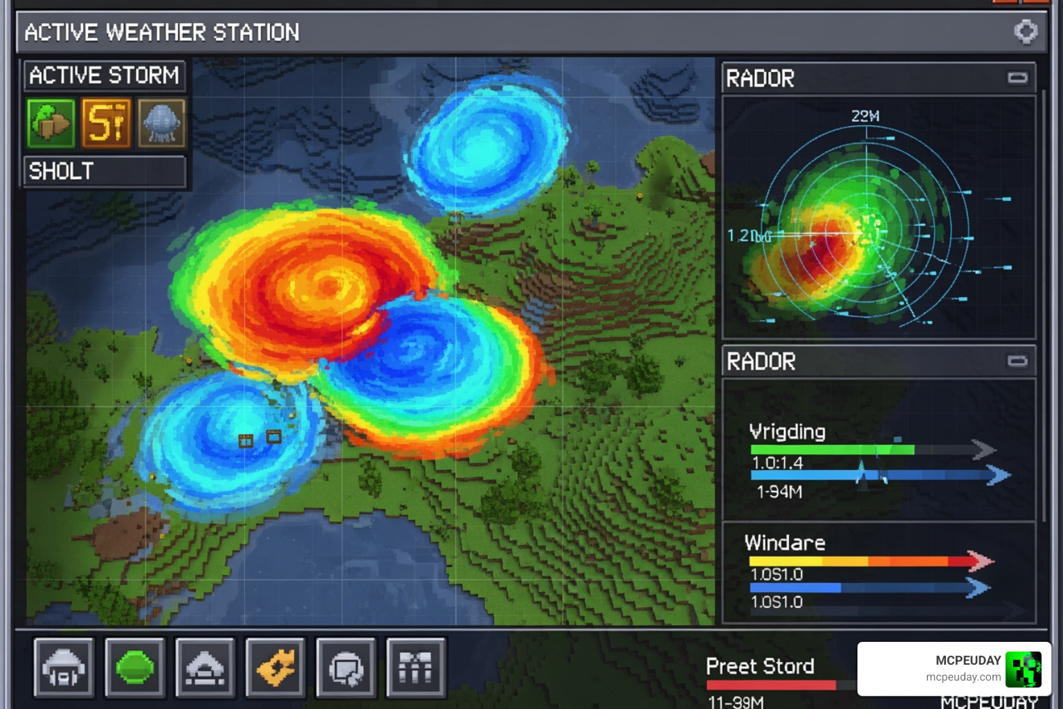 The Weather Station UI showing active storm cells and radar data