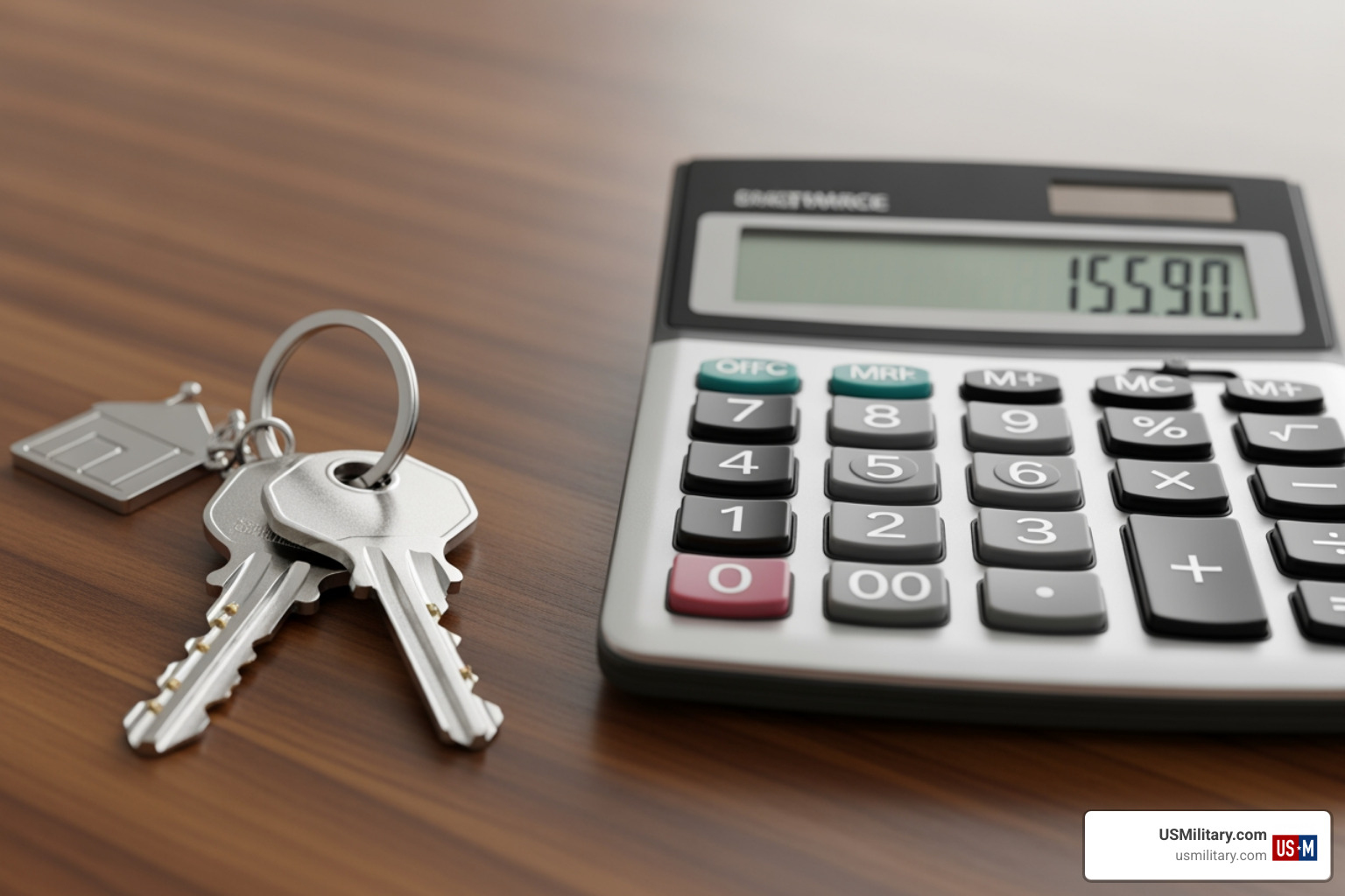 financial calculator and house keys on a desk