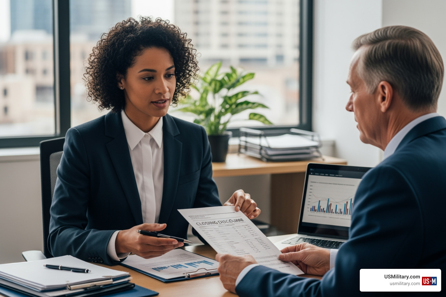 loan officer explaining closing disclosure to a veteran
