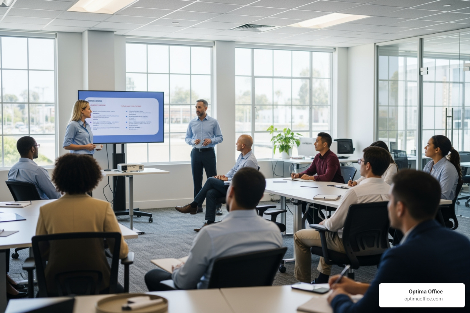 Employees engaged in a mandatory workplace violence prevention safety training session Employees engaged in a mandatory workplace violence prevention safety training session