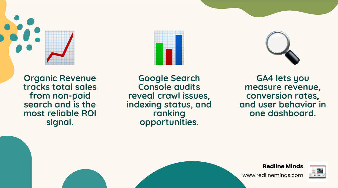 Dashboard showing ecommerce SEO KPIs including organic revenue and conversion rates infographic