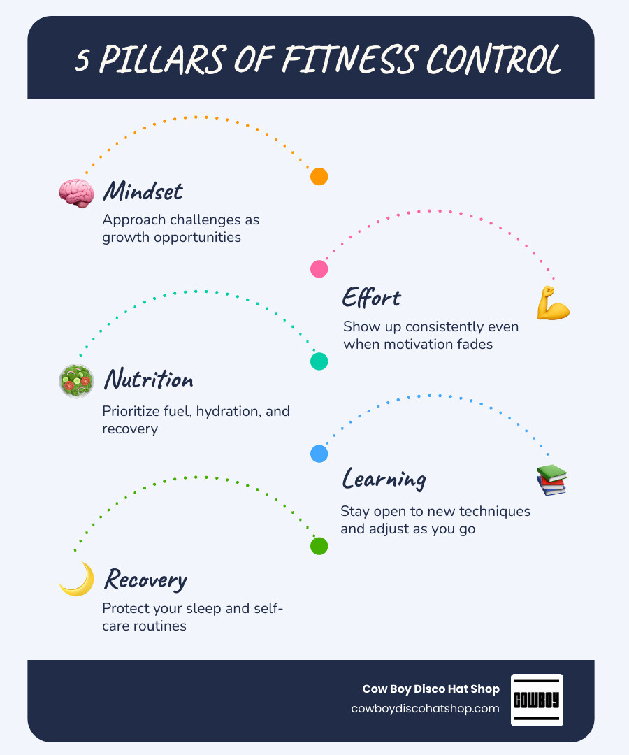 Infographic showing the 5 pillars of fitness control: mindset, effort, nutrition, learning, and recovery infographic