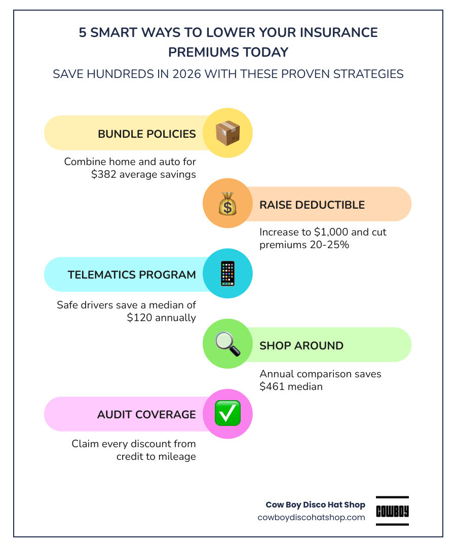Infographic showing 5 smart ways to lower insurance premiums with savings amounts for each strategy infographic