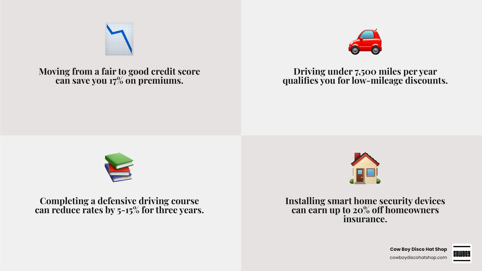 Infographic showing common insurance discounts like good student, defensive driving, and low mileage infographic