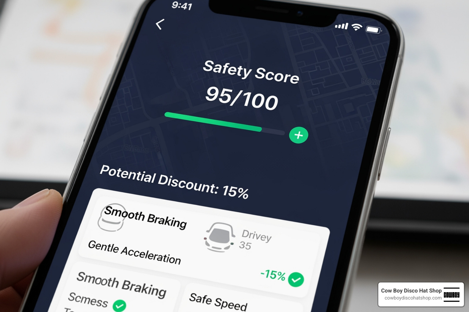 Image of a telematics mobile app interface showing a high safety score and potential discount percentage