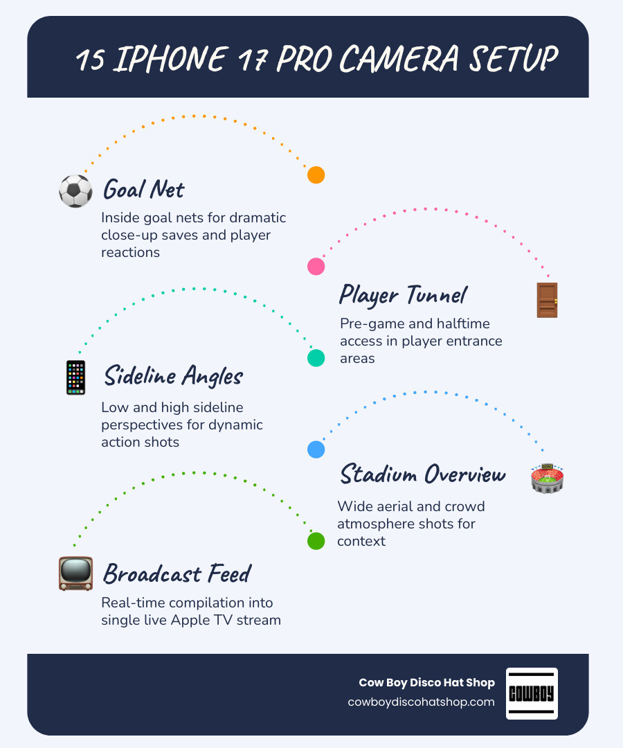 Infographic showing 15 iPhone 17 Pro camera positions in stadium layout for MLS broadcast infographic Infographic showing 15 iPhone 17 Pro camera positions in stadium layout for MLS broadcast infographic