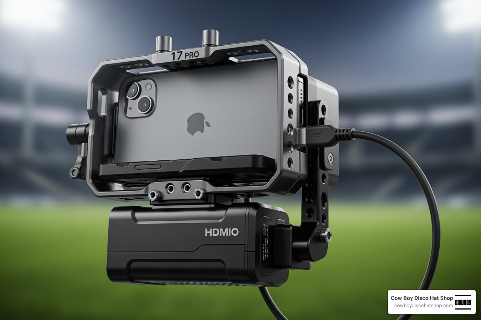 iPhone 17 Pro in a professional broadcast cage with external battery and HDMI output iPhone 17 Pro in a professional broadcast cage with external battery and HDMI output