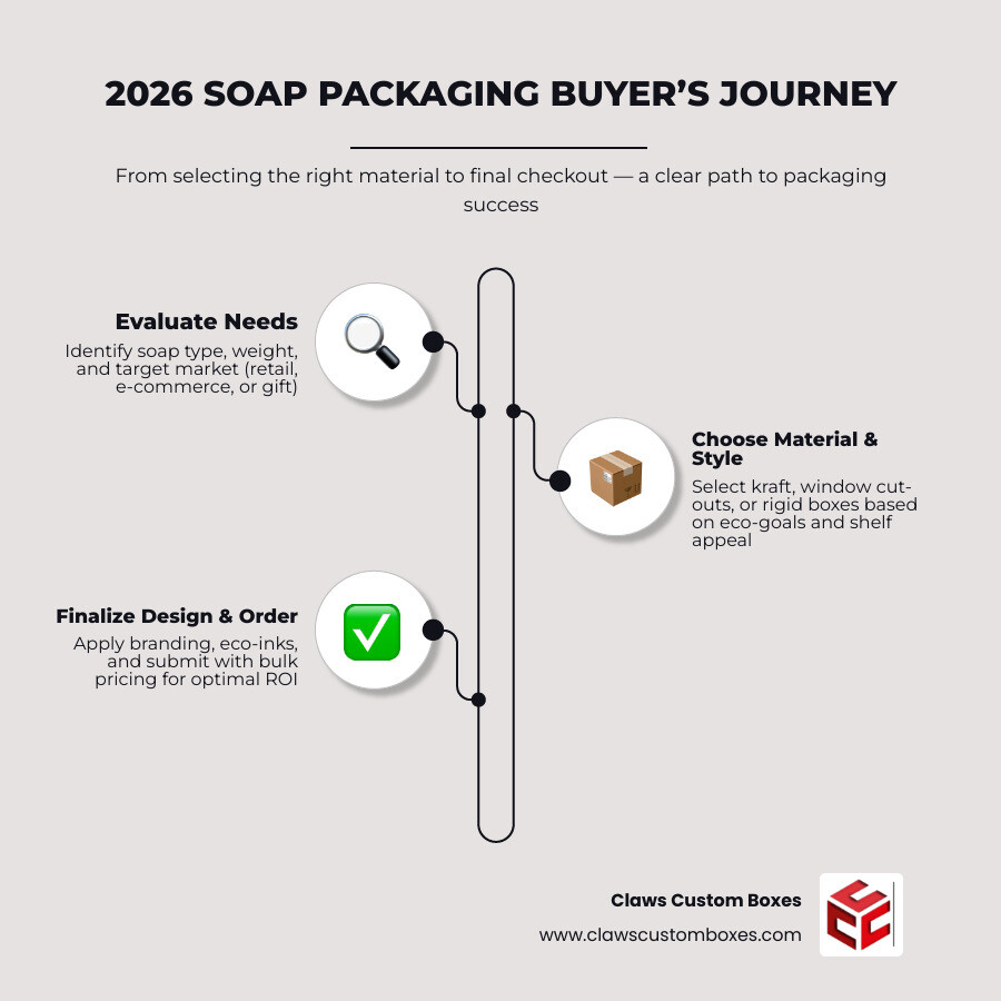 2026 soap packaging buyer's journey from material selection to checkout infographic