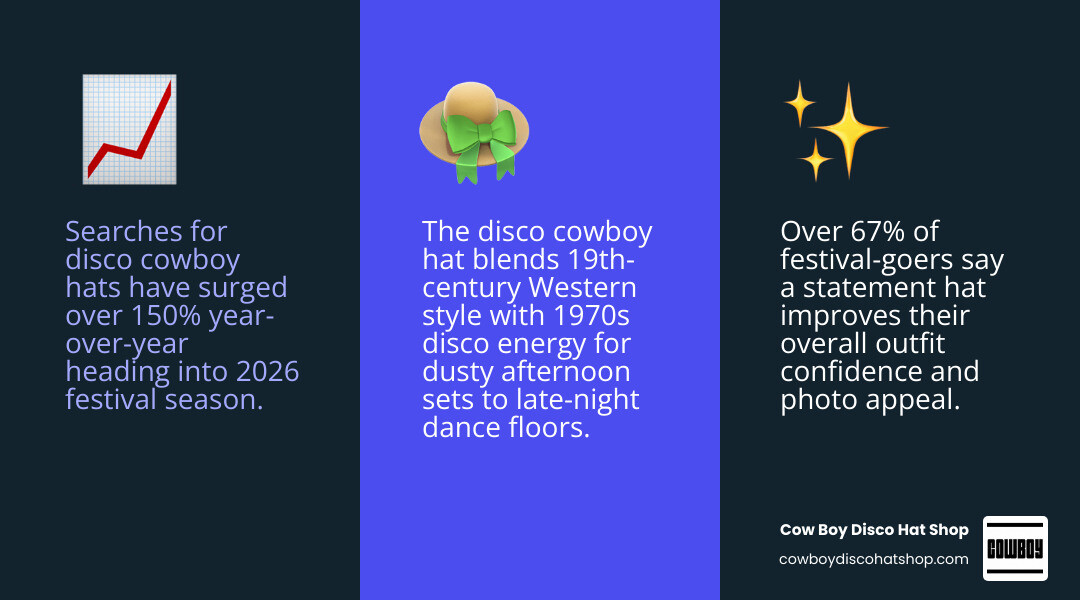 Infographic showing the rise of Cowboy Core trend in 2026 festivals with styling tips and key statistics infographic