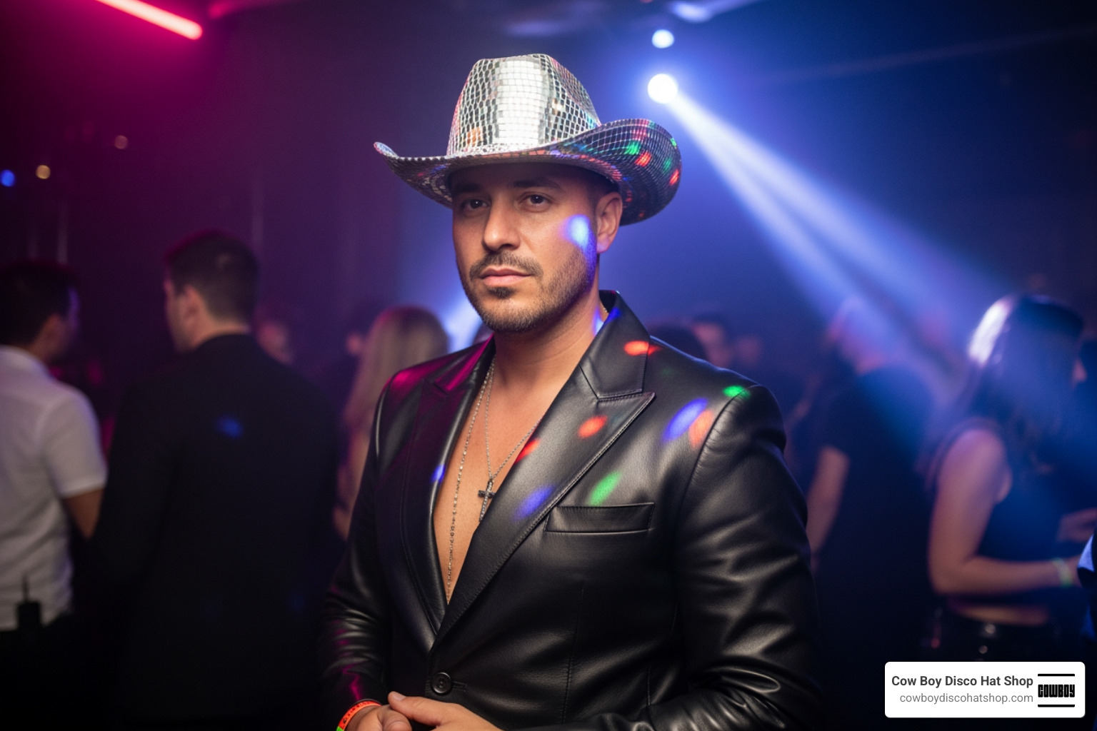 A man wearing a structured leather blazer and a silver mirror disco cowboy hat at a nightlife event A man wearing a structured leather blazer and a silver mirror disco cowboy hat at a nightlife event