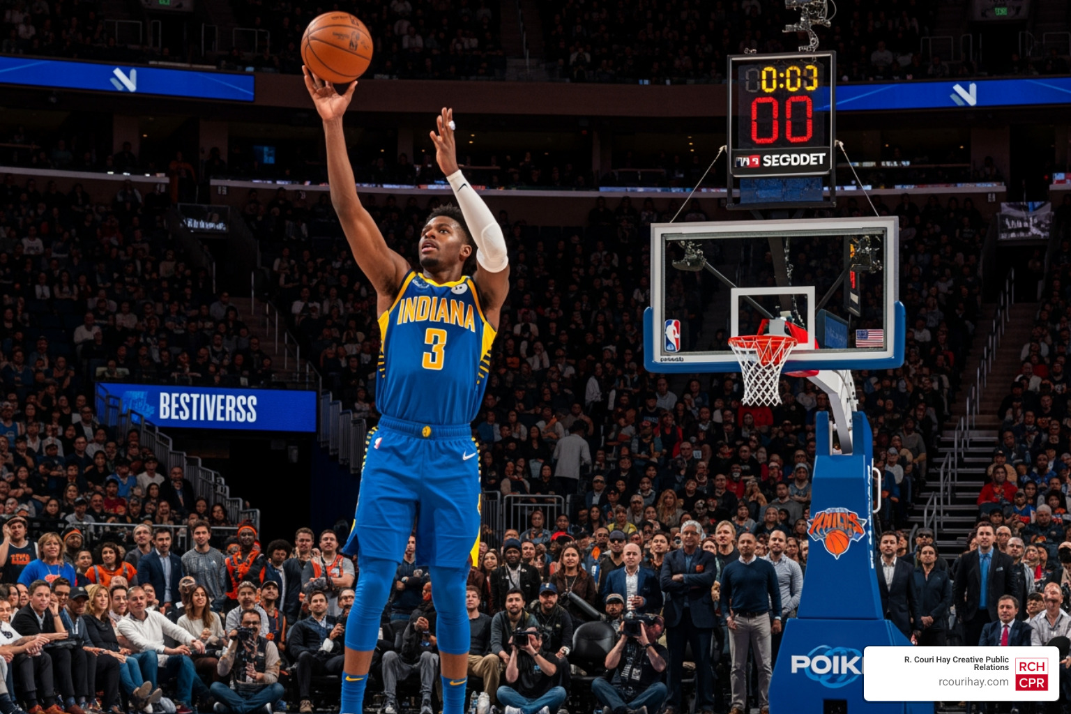 A dramatic moment of Tyrese Haliburton shooting a buzzer-beater against the Knicks A dramatic moment of Tyrese Haliburton shooting a buzzer-beater against the Knicks
